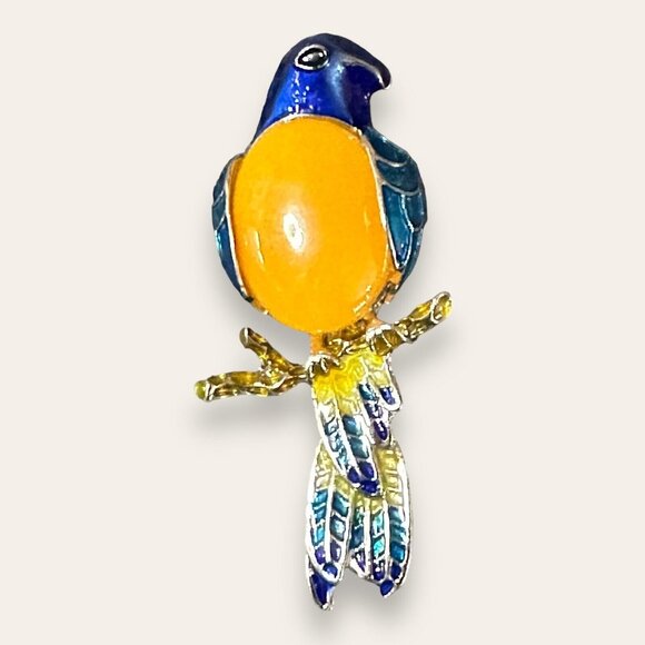 Enameled Bird Brooch/Pendent Semi Precious Topaz Belly Vintage Excellent - Picture 2 of 8
